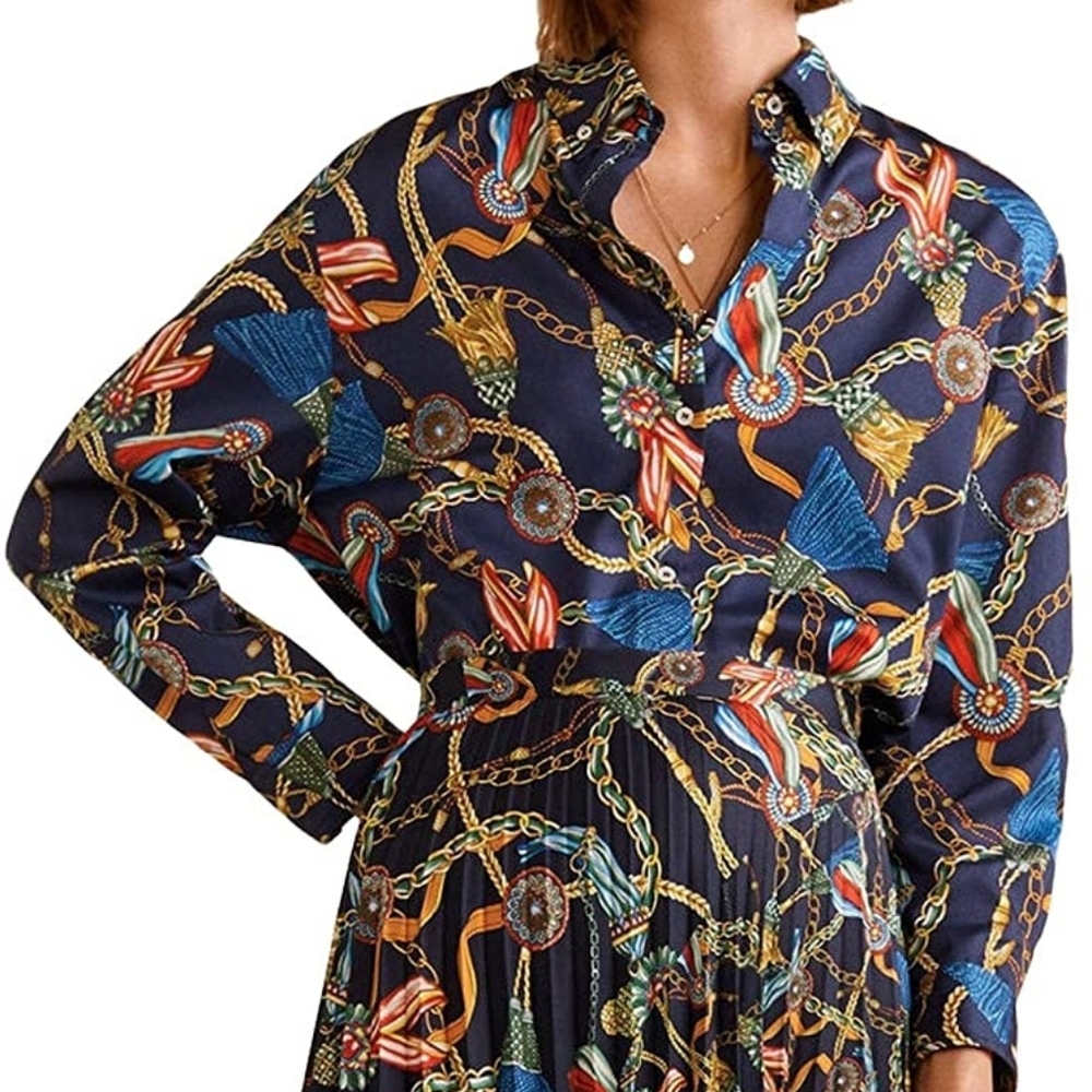 mango scarf prints shirt size small navy blue
